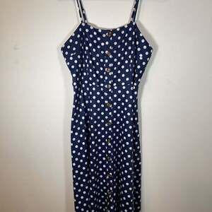 Berydress Women's Navy White Polka Dot Midi Dress Size LG Thin Straps A line